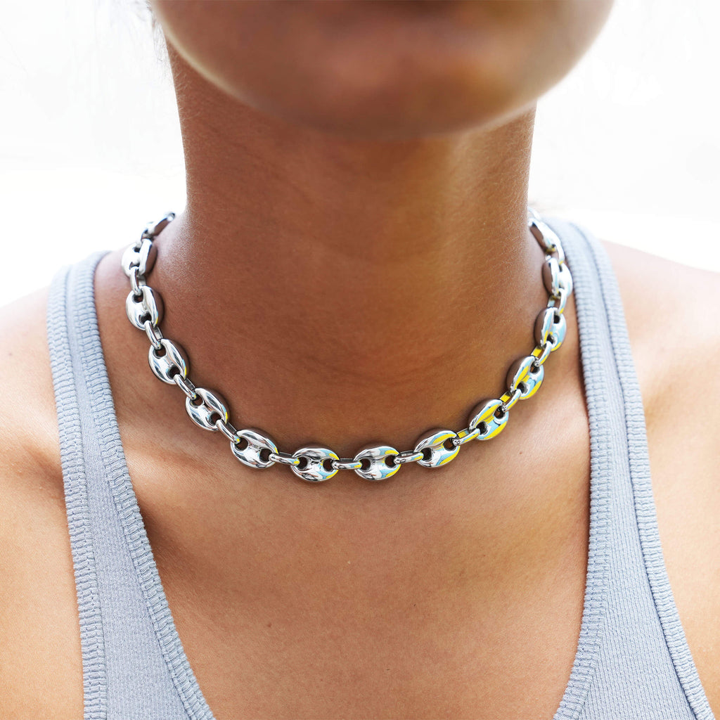 Puffed Mariner Chain Necklace in White Gold - 12mm