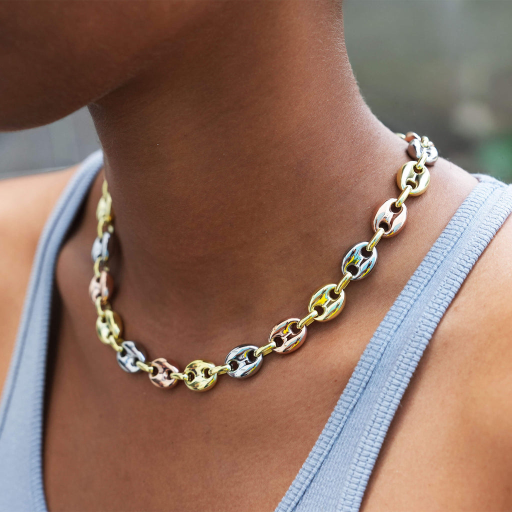 Puffed Mariner Chain Necklace in Yellow, Rose, and White Gold - 12mm
