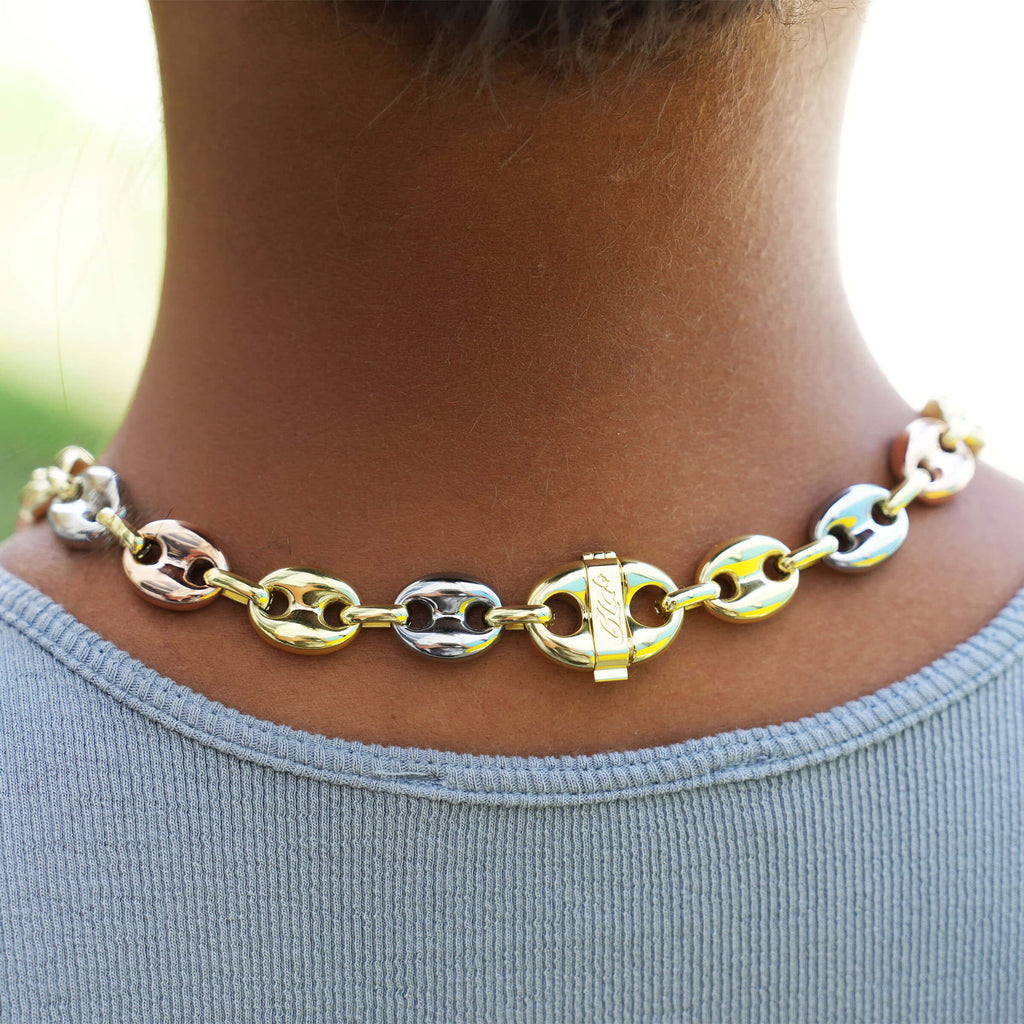 Puffed Mariner Chain Necklace in Yellow, Rose, and White Gold - 12mm