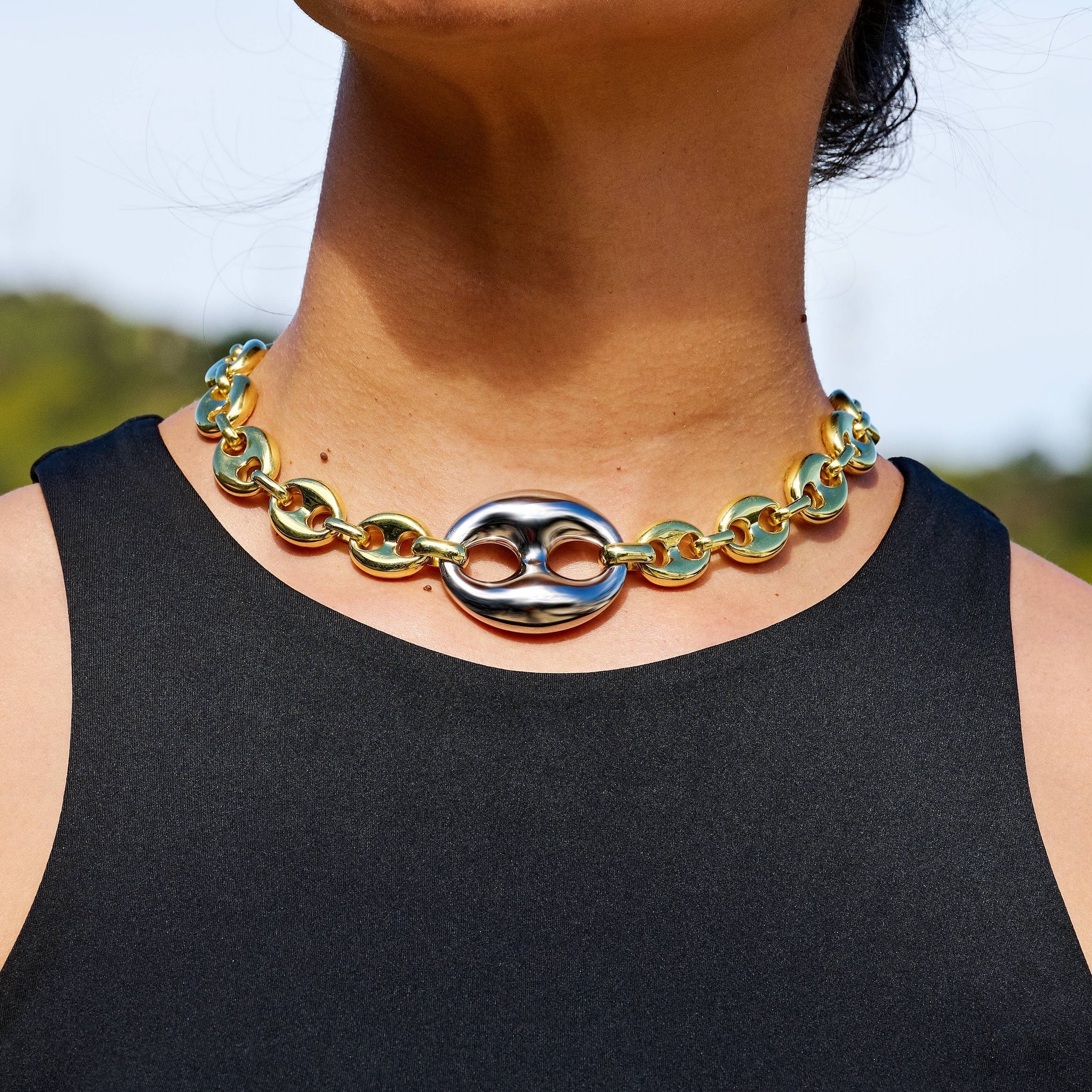 Two Tone Large Link Puffed Mariner Necklace in Yellow & White Gold - 15mm