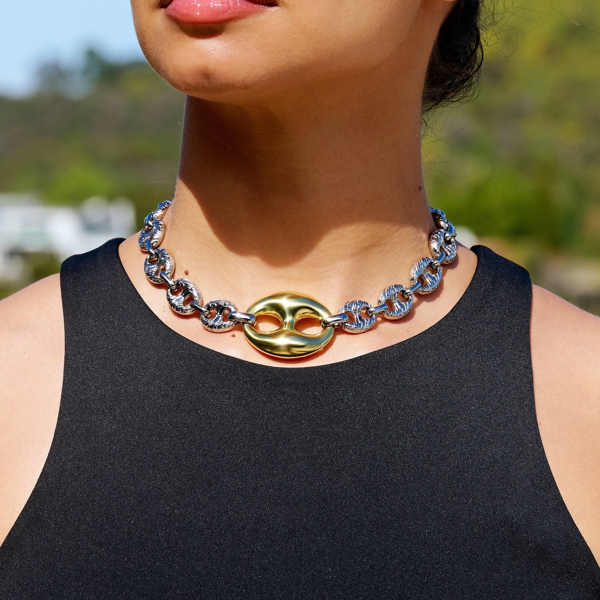 Two Tone Large Link Puffed Mariner Chain Necklace in White & Yellow Gold - 15mm