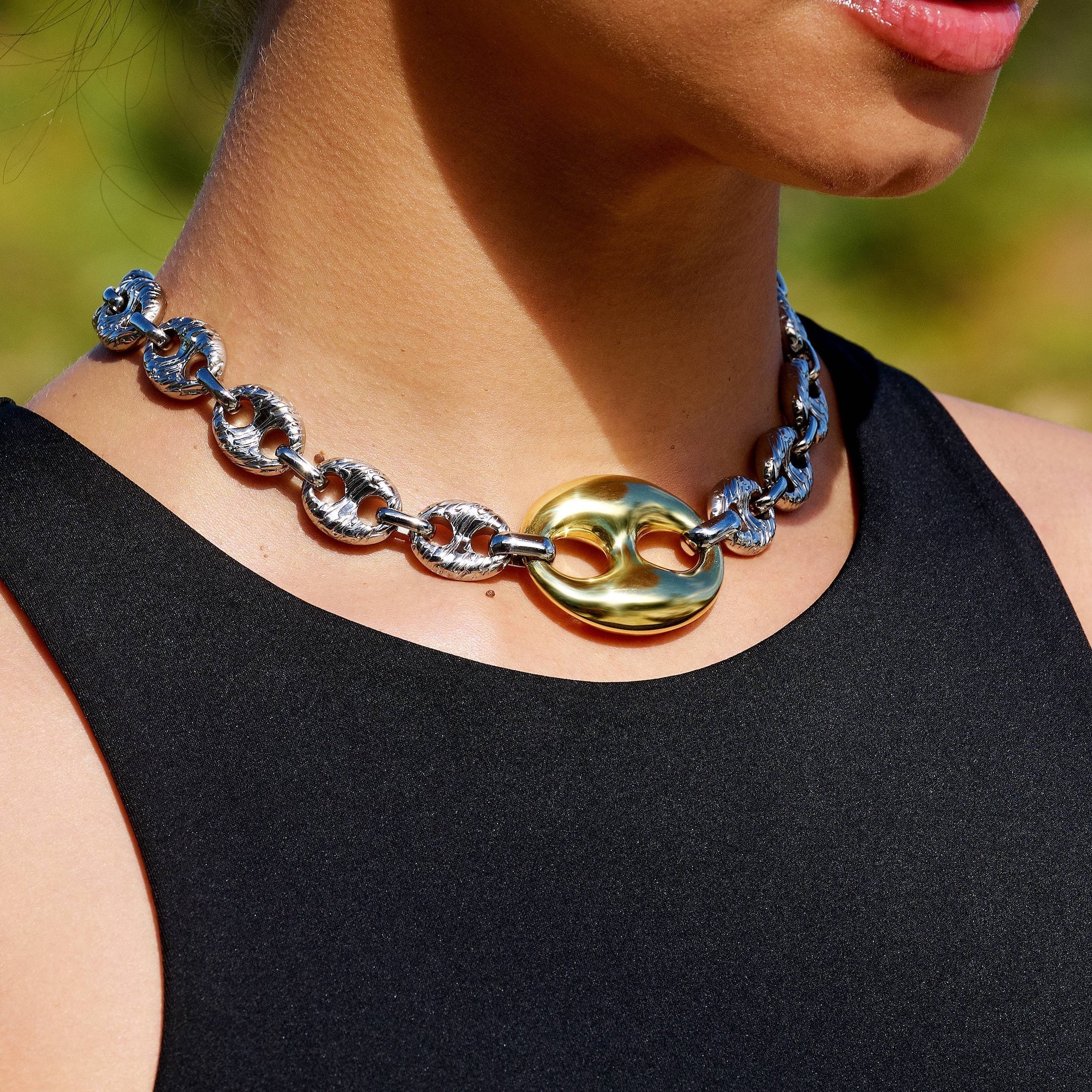 Two Tone Large Link Puffed Mariner Chain Necklace in White & Yellow Gold - 15mm