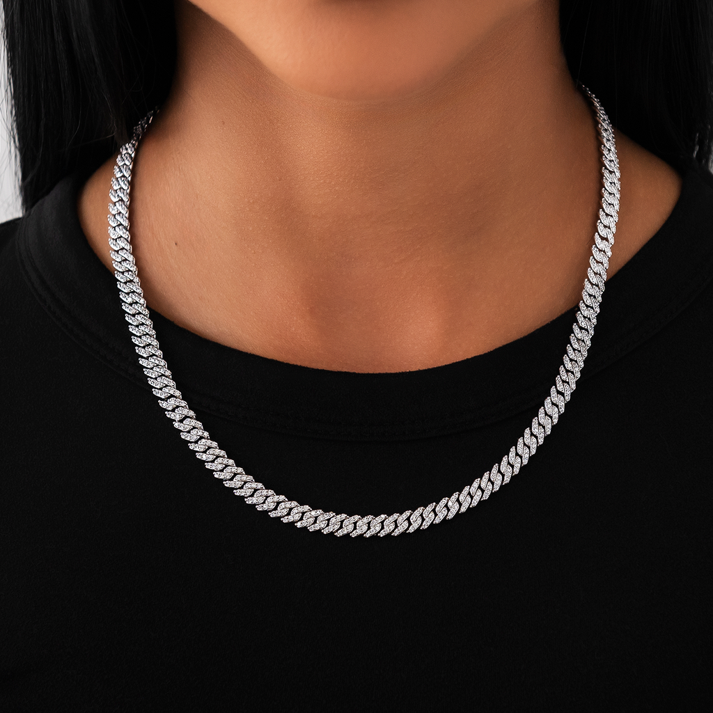 Micro Diamond Prong Cuban Necklace in White Gold - 6mm
