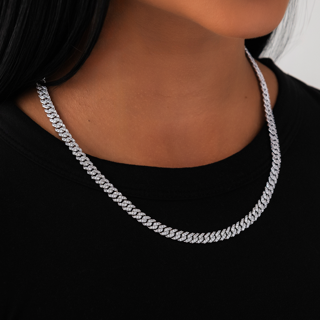 Micro Diamond Prong Cuban Necklace in White Gold - 6mm
