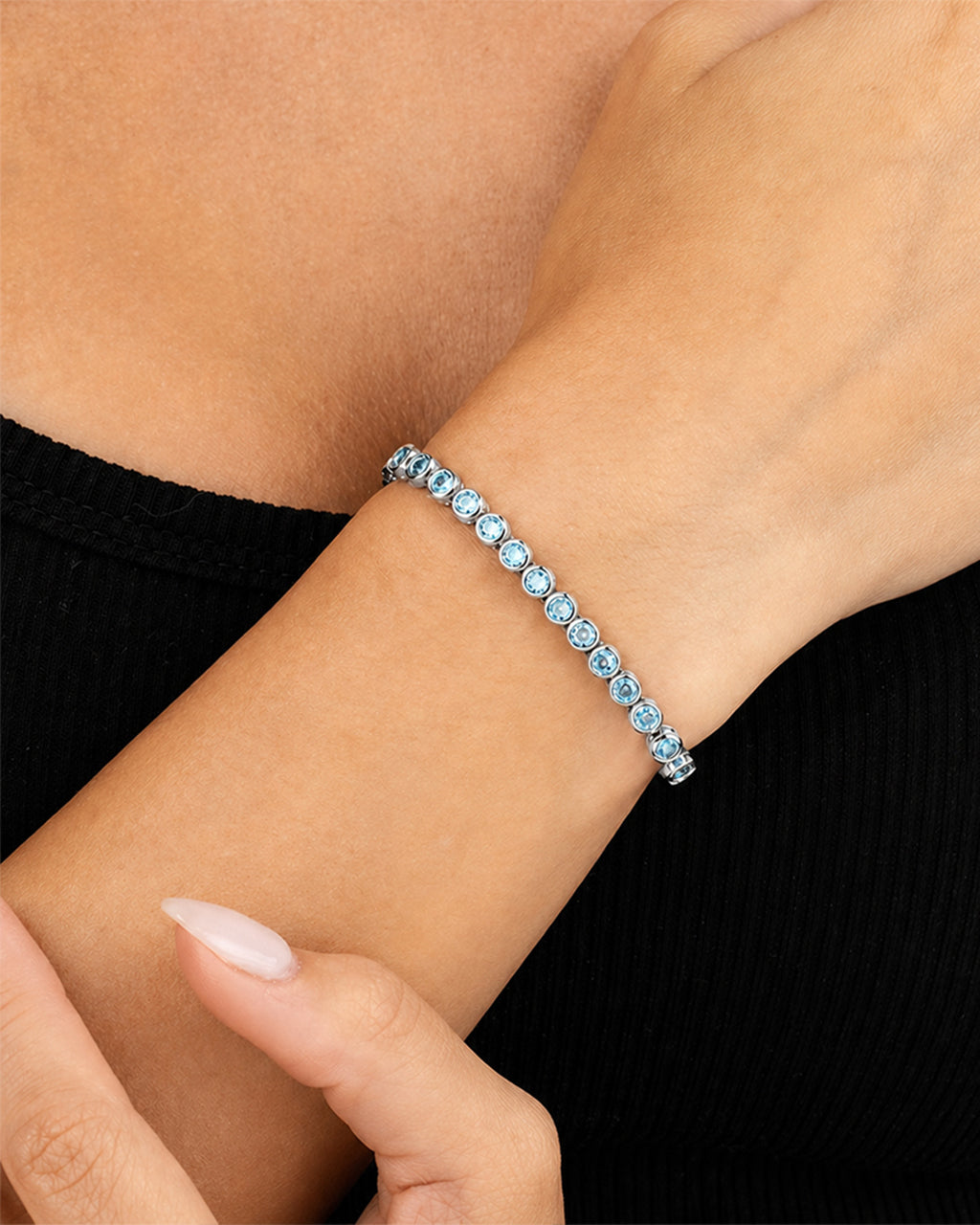 Helene Aquamarine CZ Bezel Eternity Tennis Bracelet