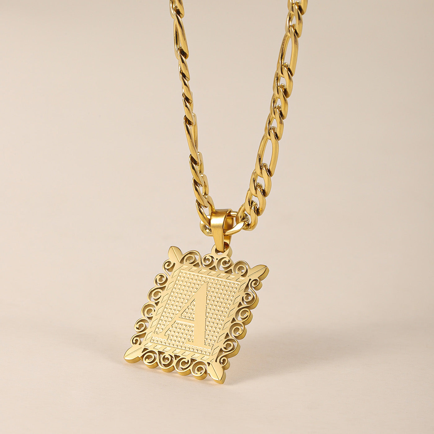 Embossed Initial Necklace w/ Figaro Chain