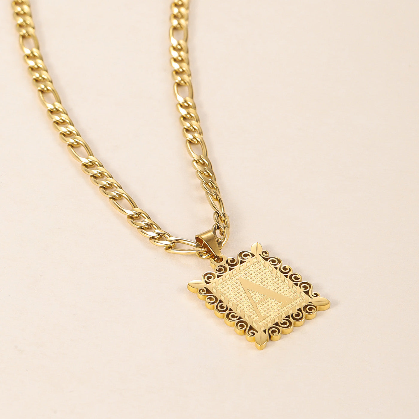Embossed Initial Necklace w/ Figaro Chain