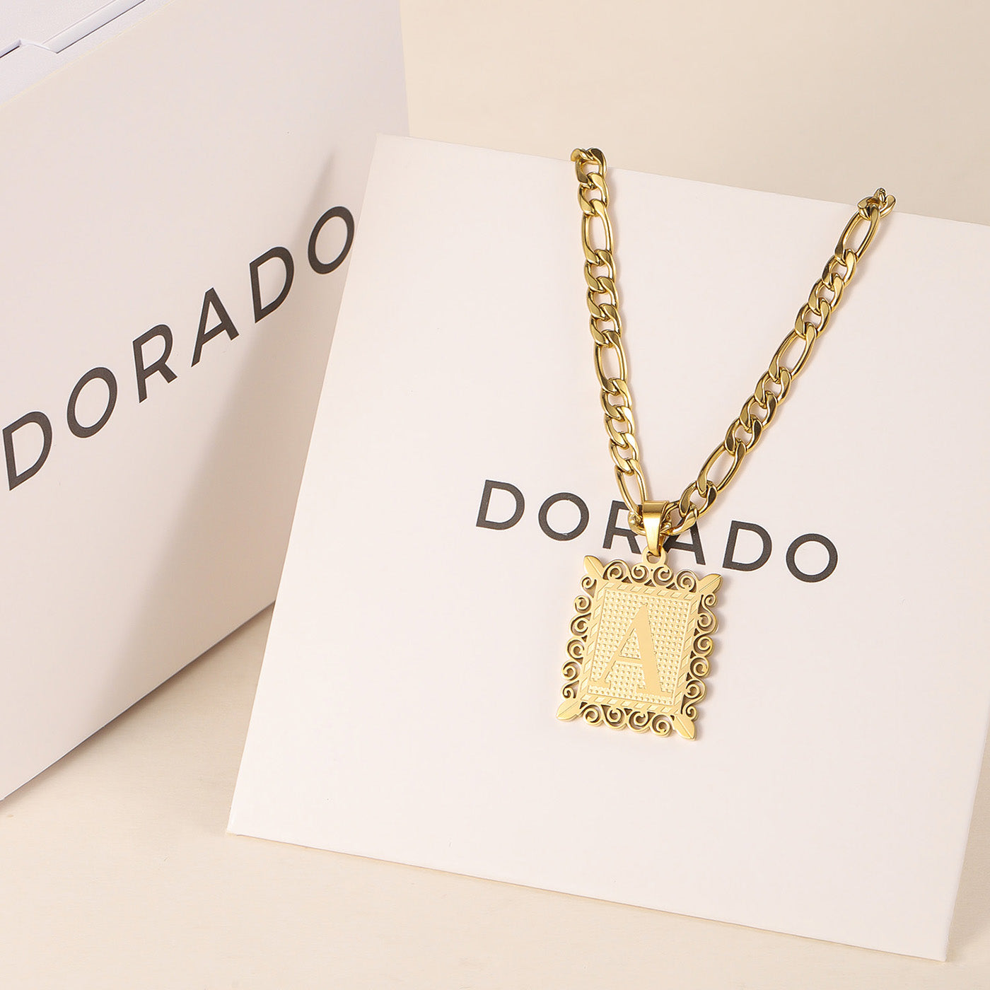 Embossed Initial Necklace w/ Figaro Chain