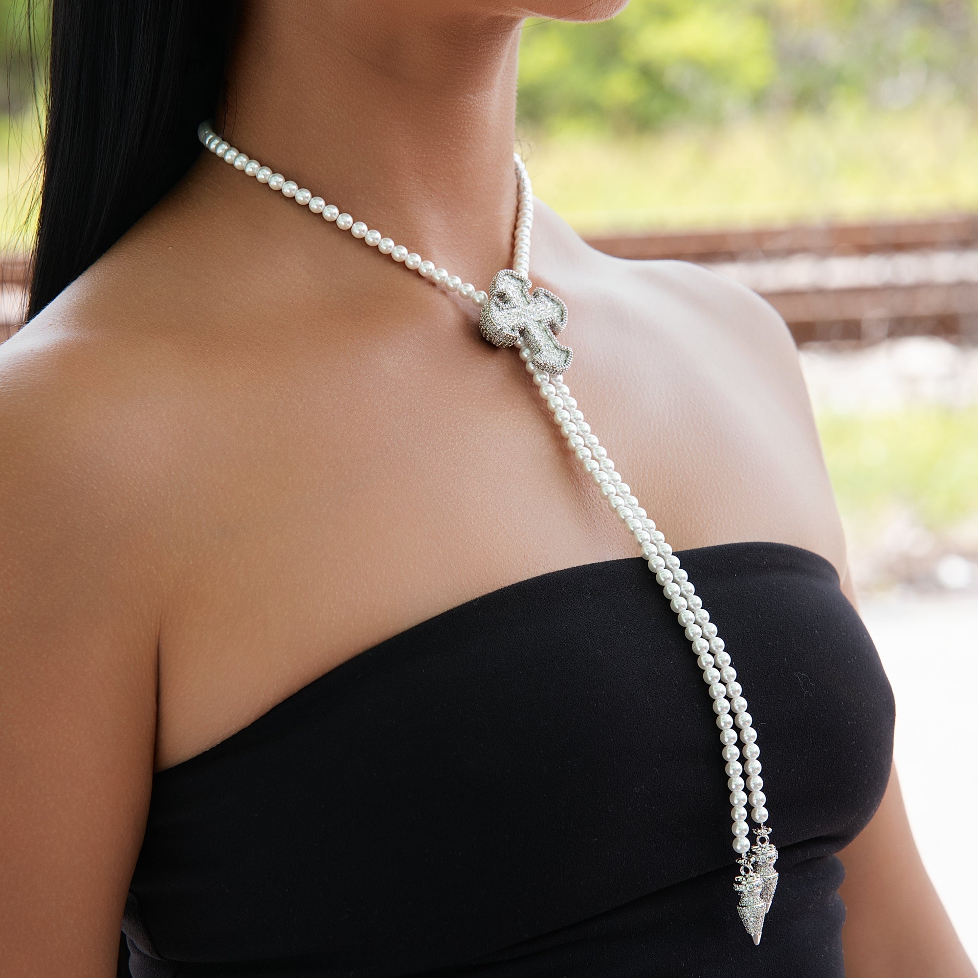 Iced Cross Pearl Bolo Chain Necklace in White Gold