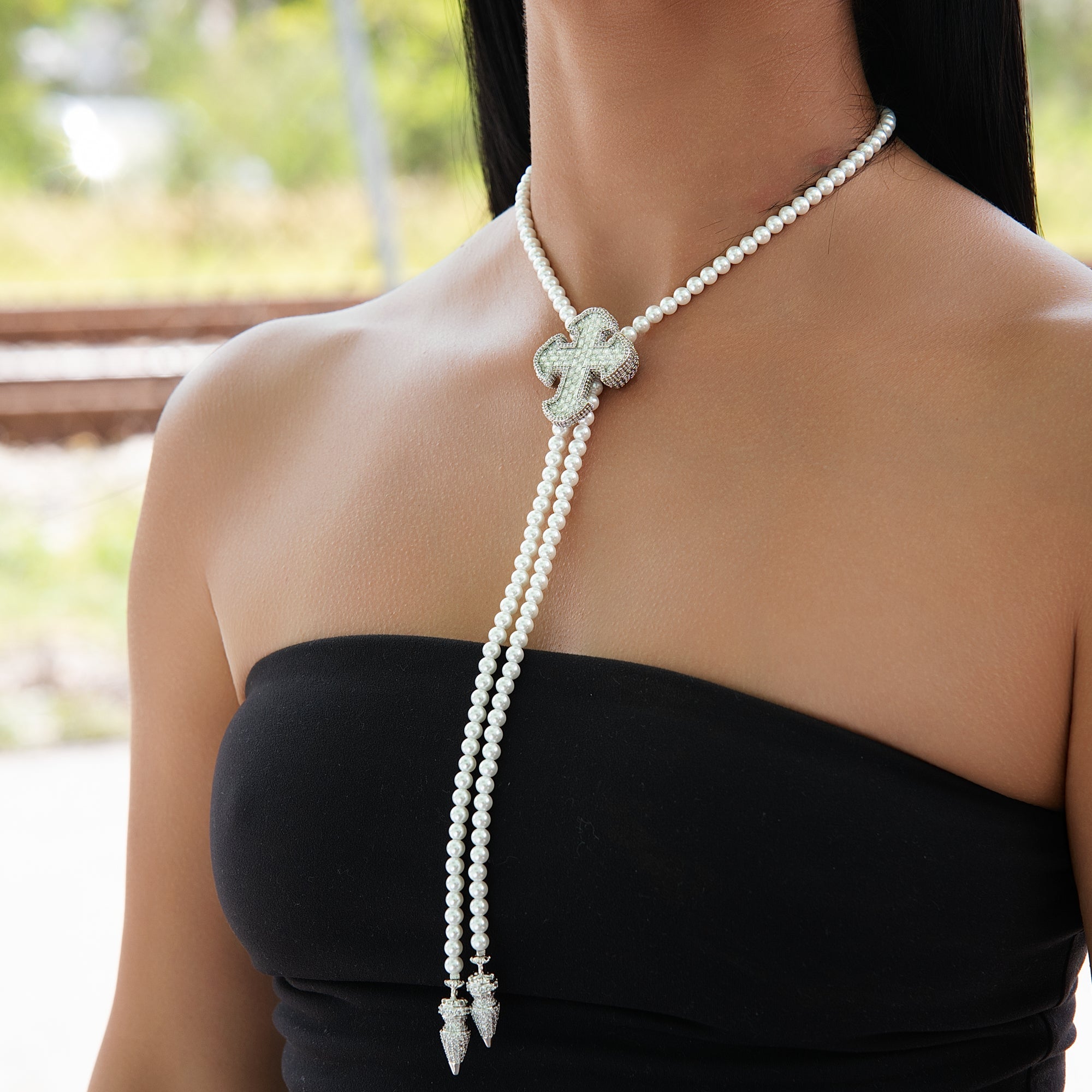 Iced Cross Pearl Bolo Chain Necklace in White Gold