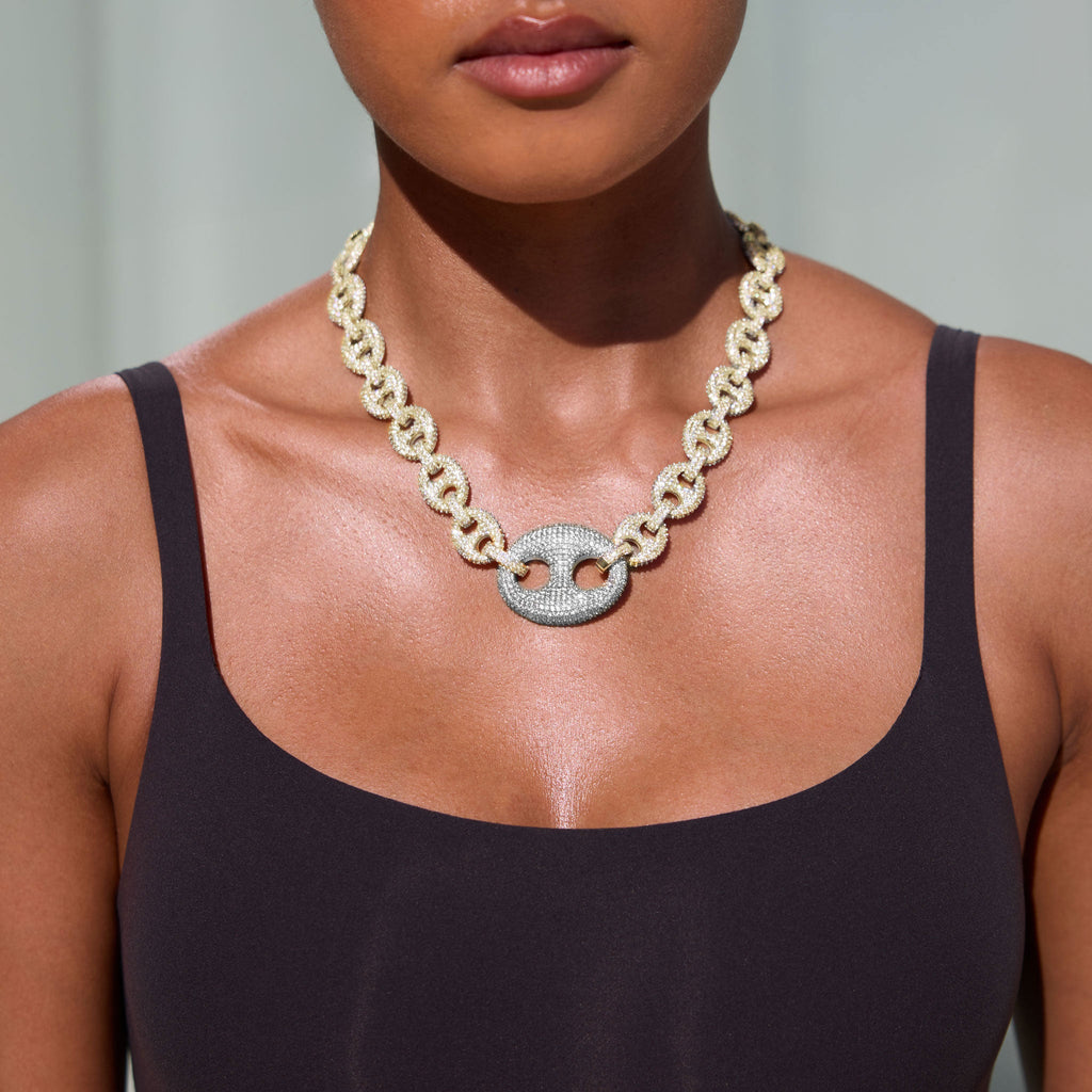 Iced Two Tone Large Link Puffed Mariner Necklace in Yellow & White Gold - 15mm