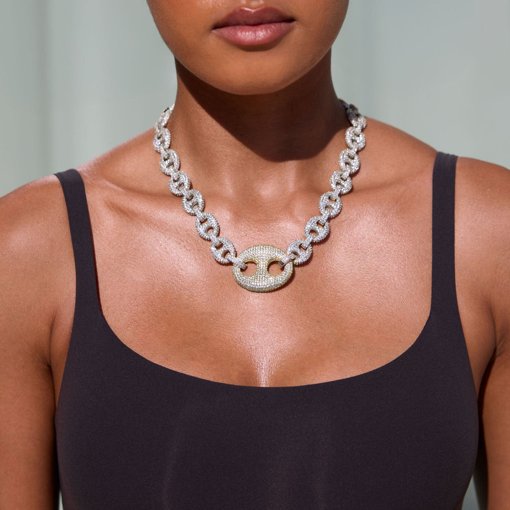 Iced Two Tone Large Link Puffed Mariner Necklace in White & Yellow Gold - 15mm