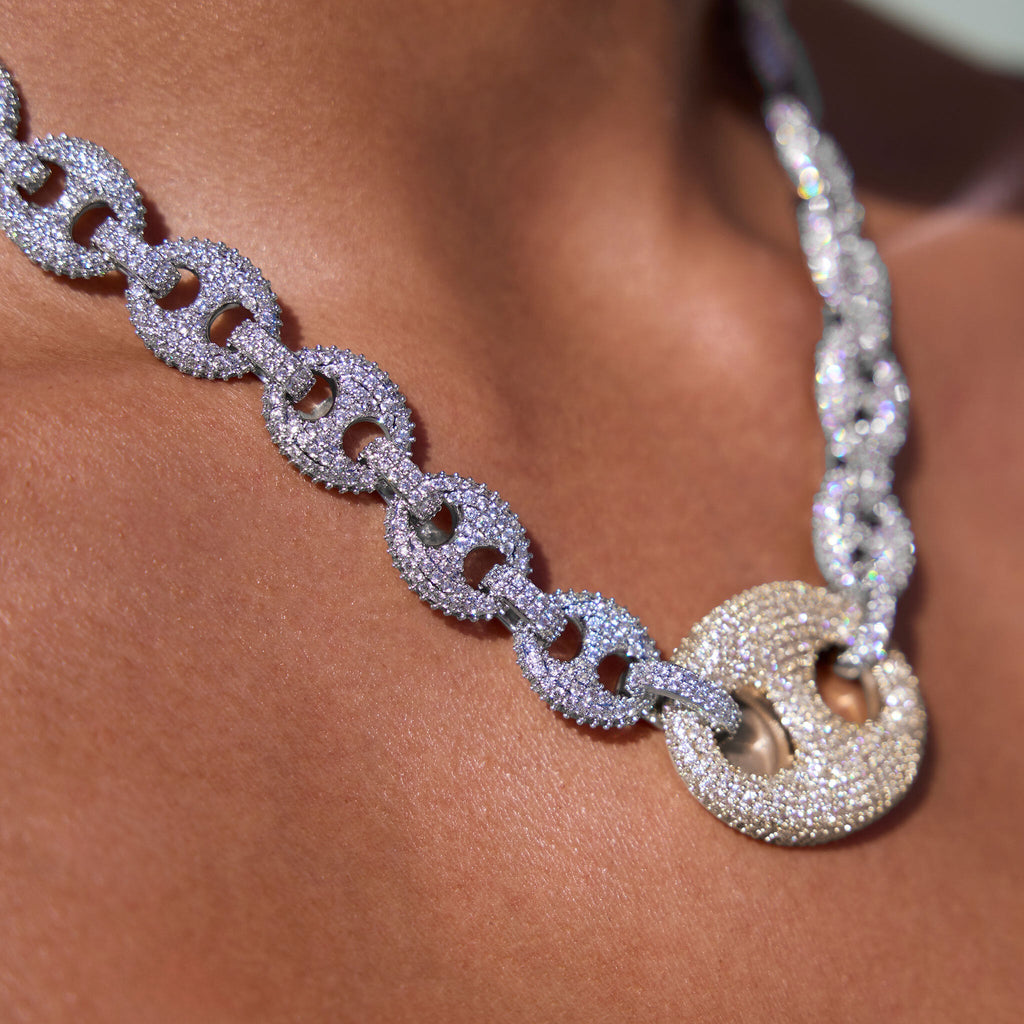 Iced Two Tone Large Link Puffed Mariner Necklace in White & Yellow Gold - 15mm