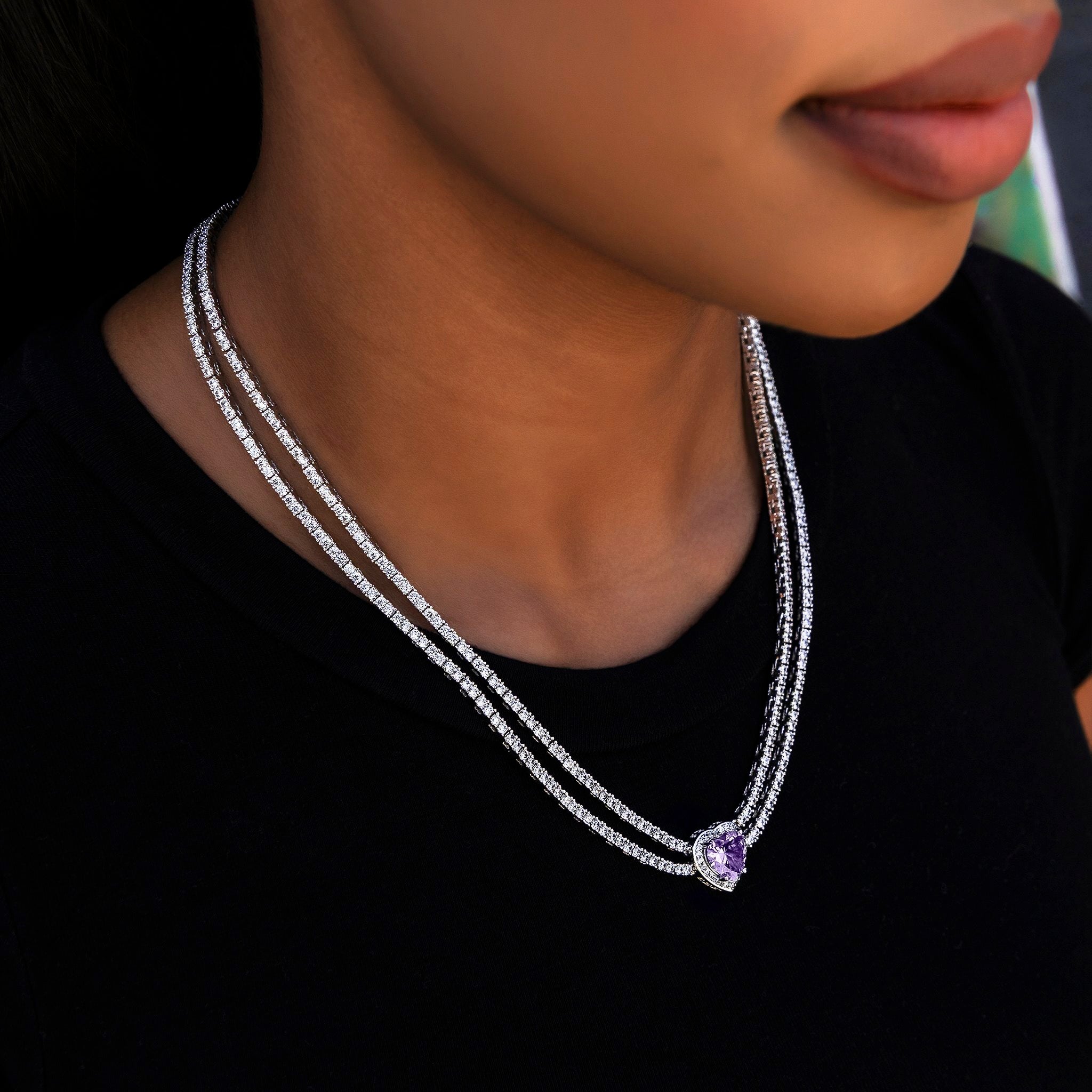 Purple Heart Diamond Double Row Tennis Necklace in White Gold