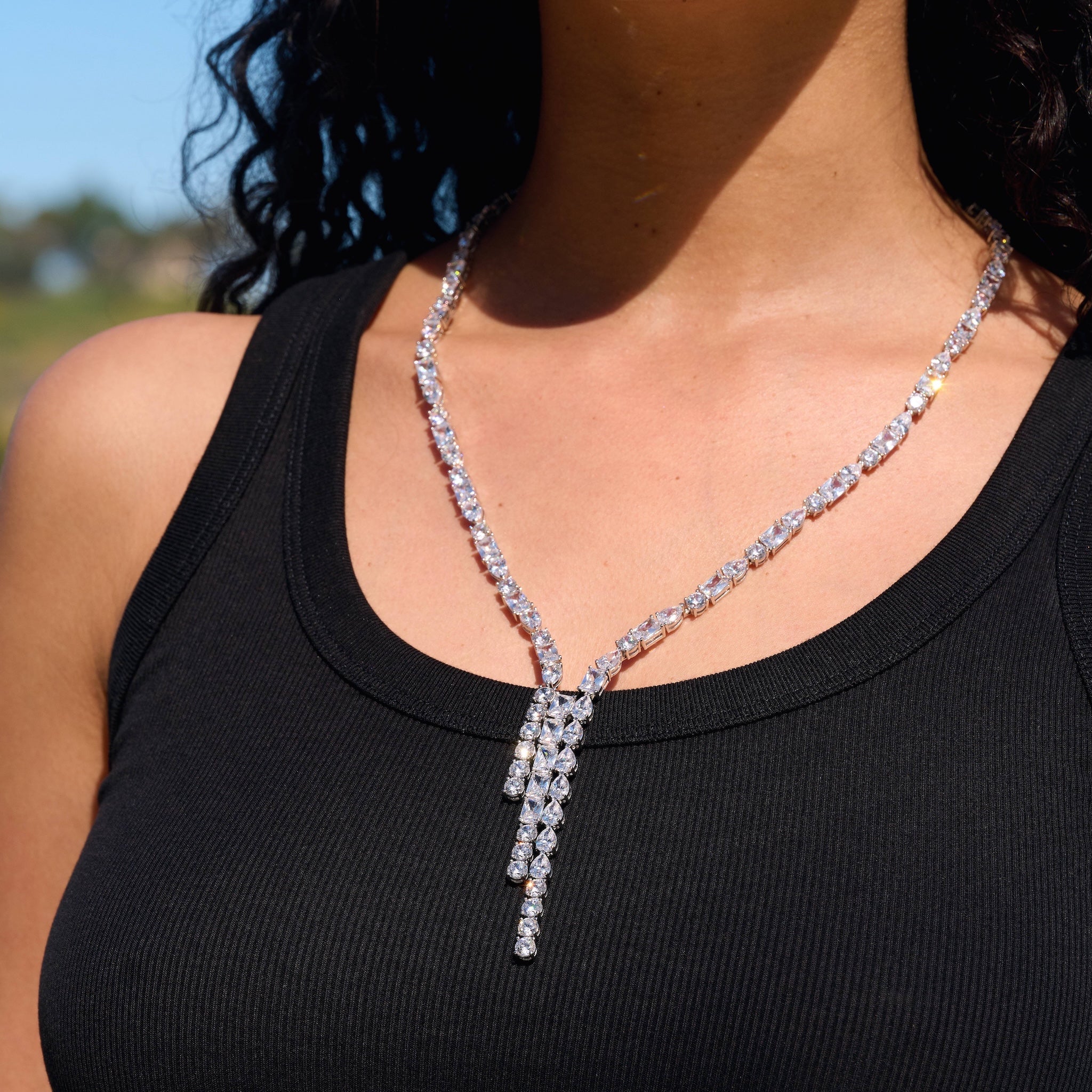 Diamond Mixed Stone Lariat Necklace in White Gold