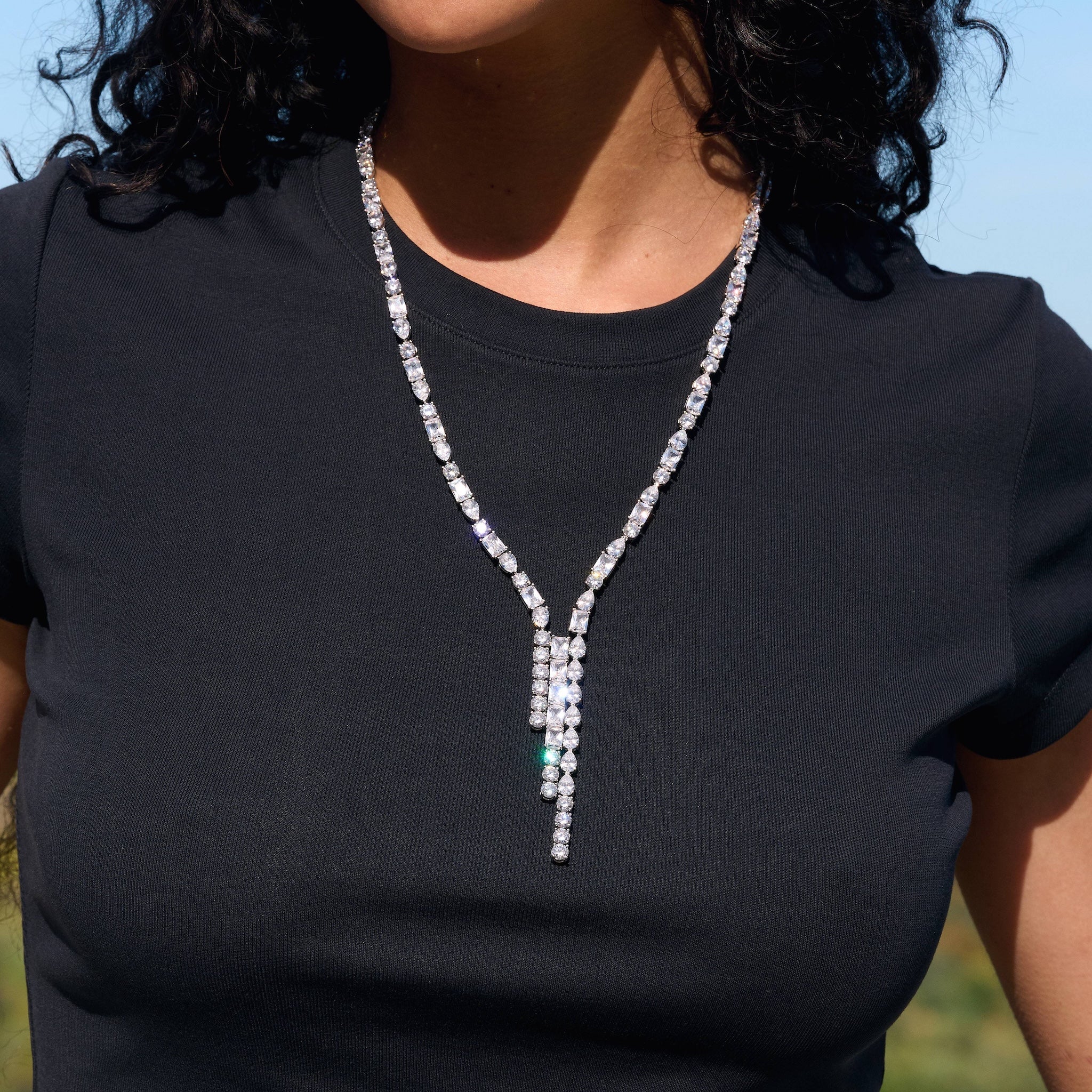 Diamond Mixed Stone Lariat Necklace in White Gold