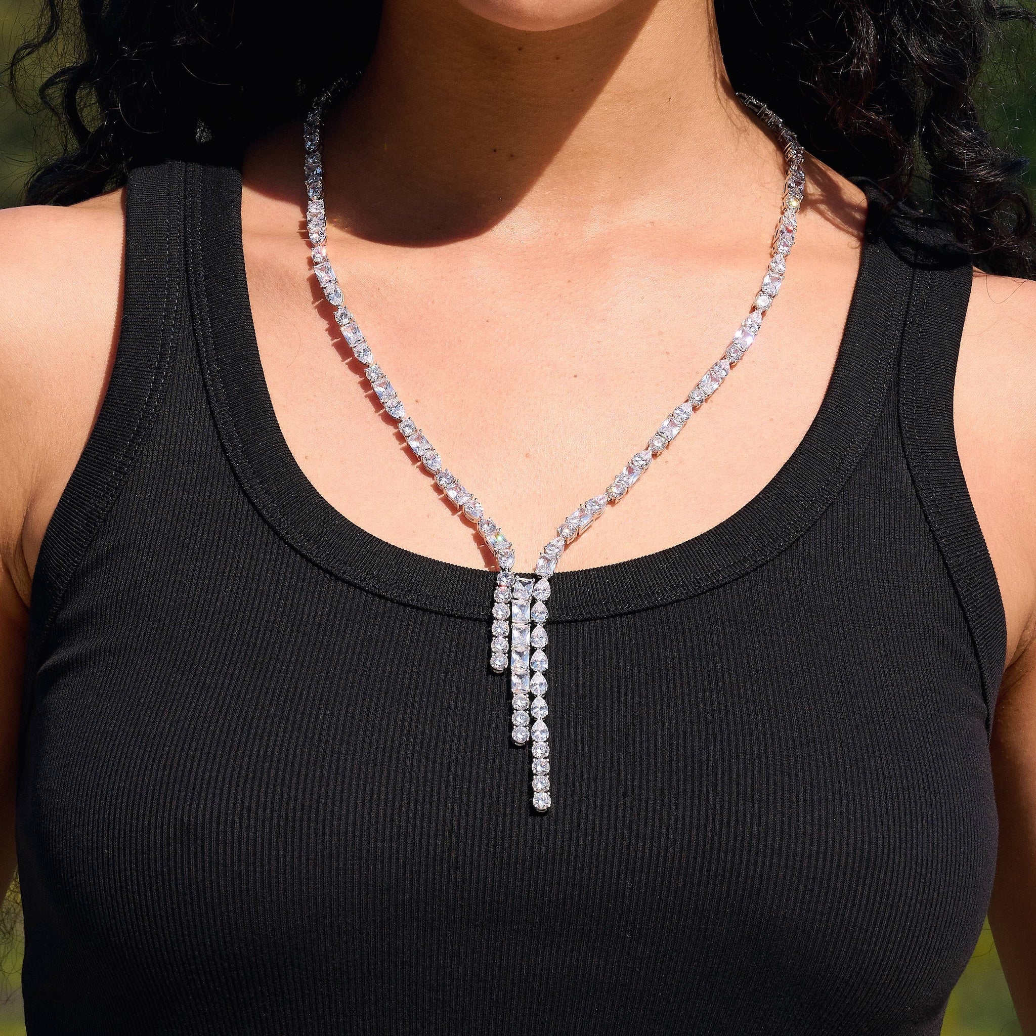 Diamond Mixed Stone Lariat Necklace in White Gold
