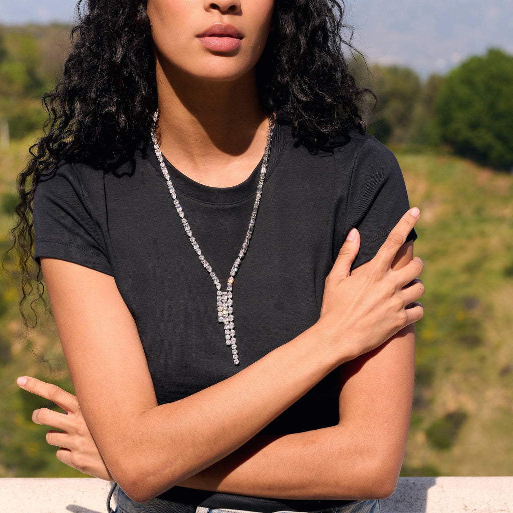 Diamond Mixed Stone Lariat Necklace in White Gold