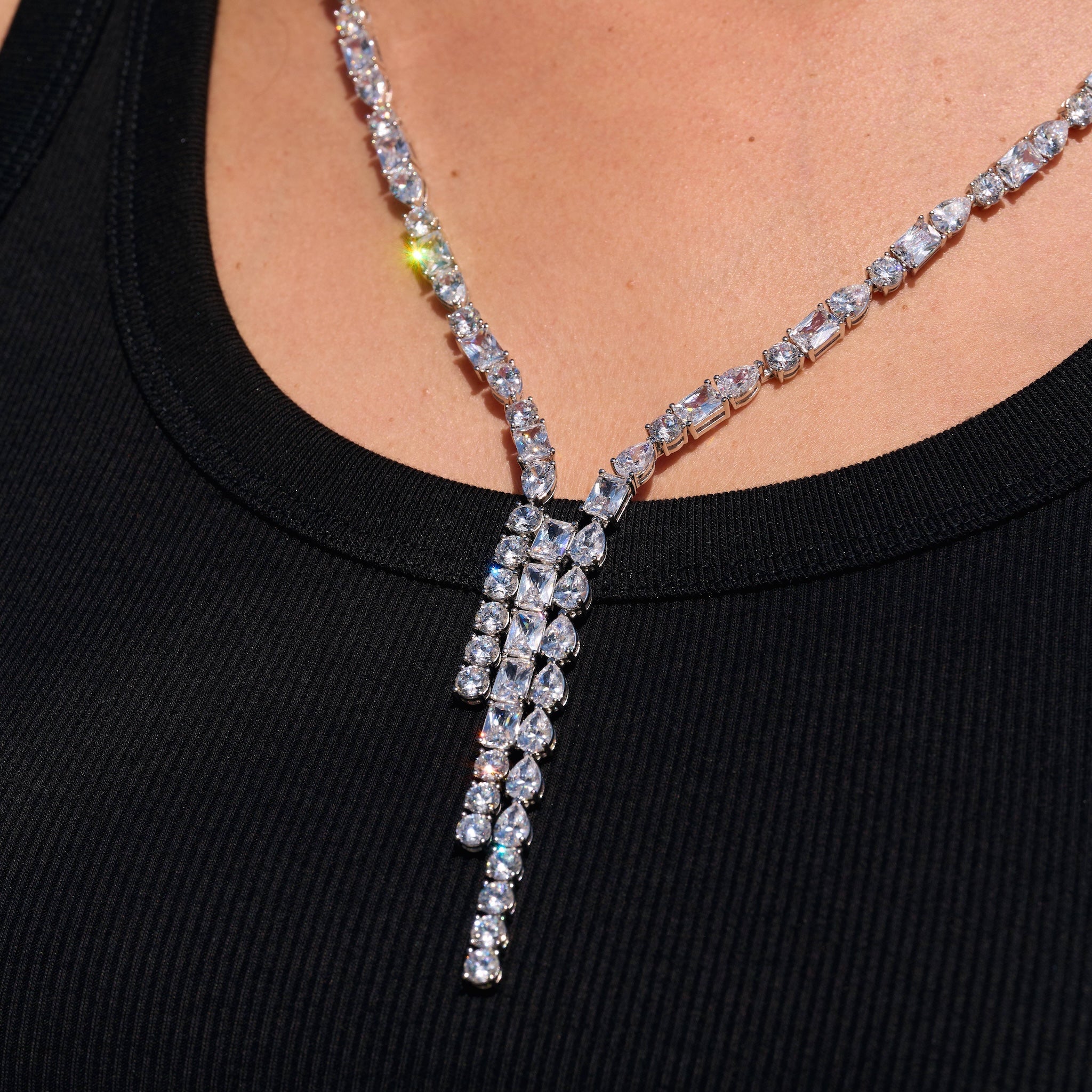 Diamond Mixed Stone Lariat Necklace in White Gold