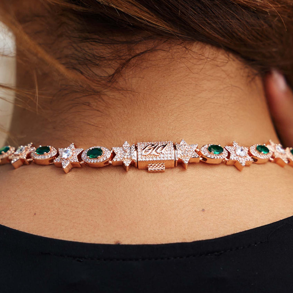 Iced Star Oval Emerald Necklace in Rose Gold - 12MM