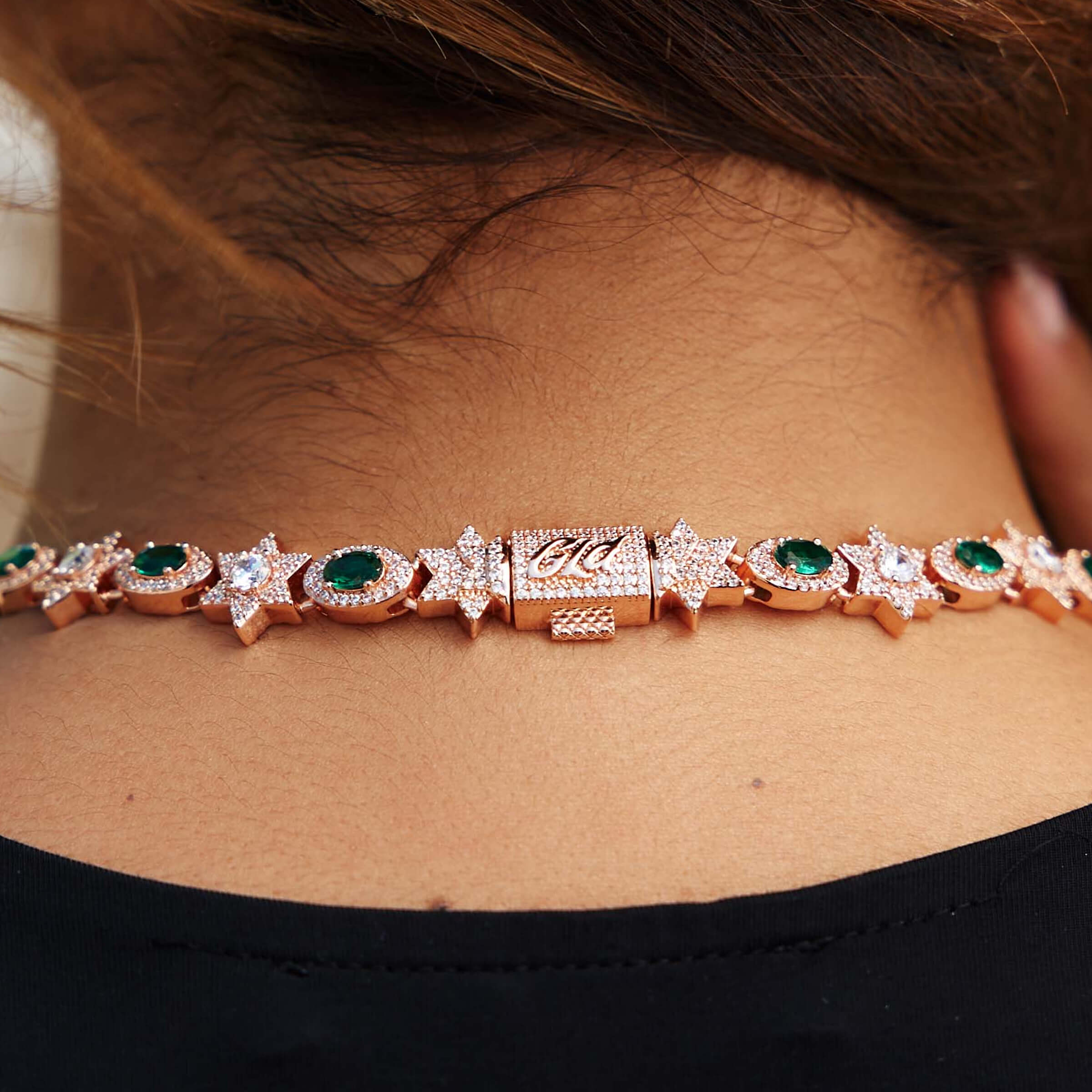 Iced Star Oval Emerald Necklace in Rose Gold - 12MM