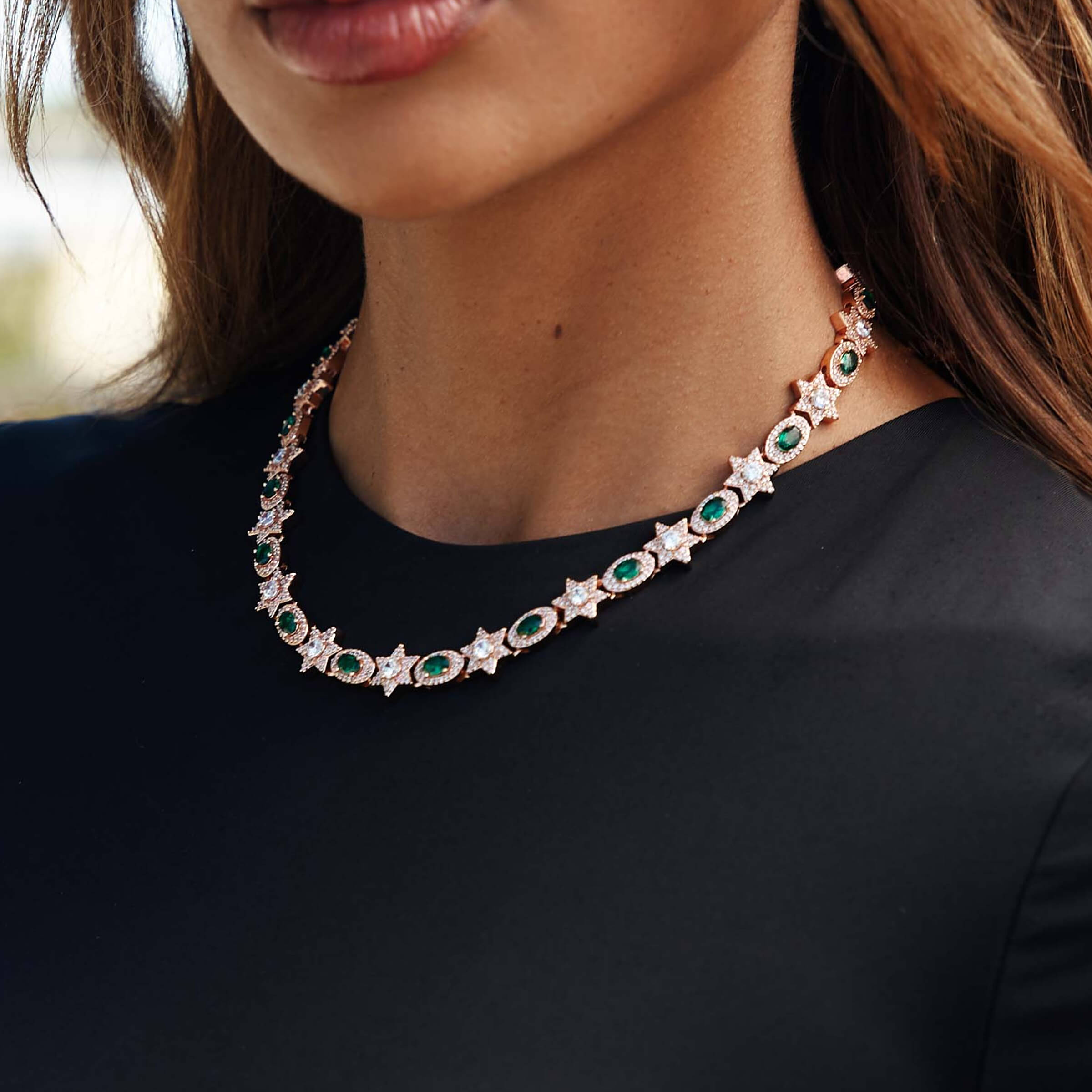 Iced Star Oval Emerald Necklace in Rose Gold - 12MM