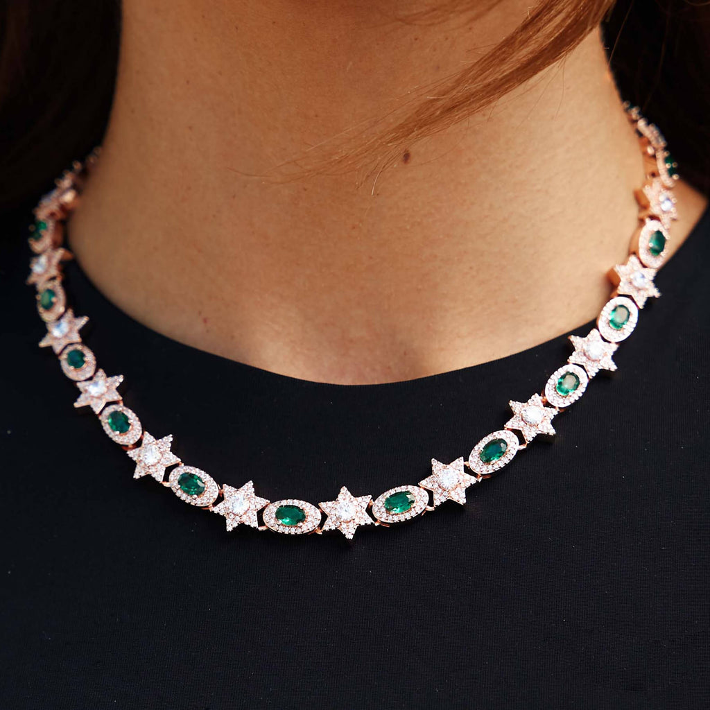 Iced Star Oval Emerald Necklace in Rose Gold - 12MM