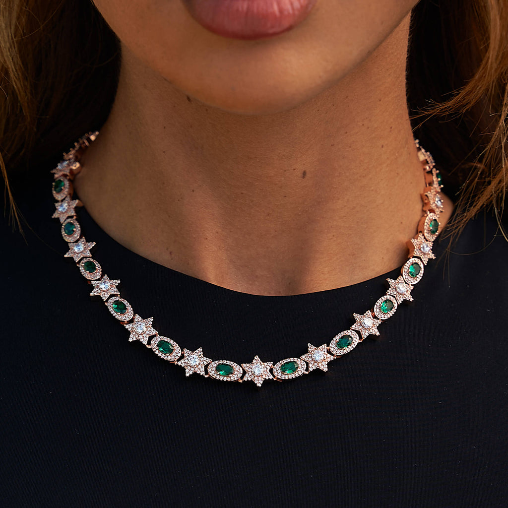 Iced Star Oval Emerald Necklace in Rose Gold - 12MM