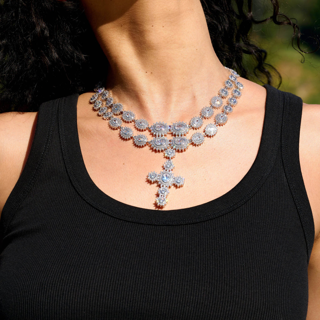 Large Diamond Cross Necklace in White Gold