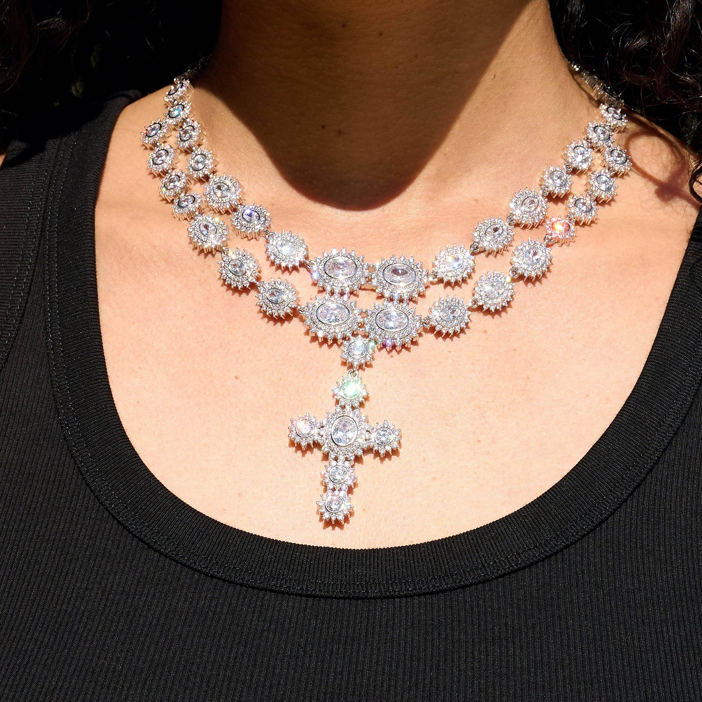 Large Diamond Cross Necklace in White Gold