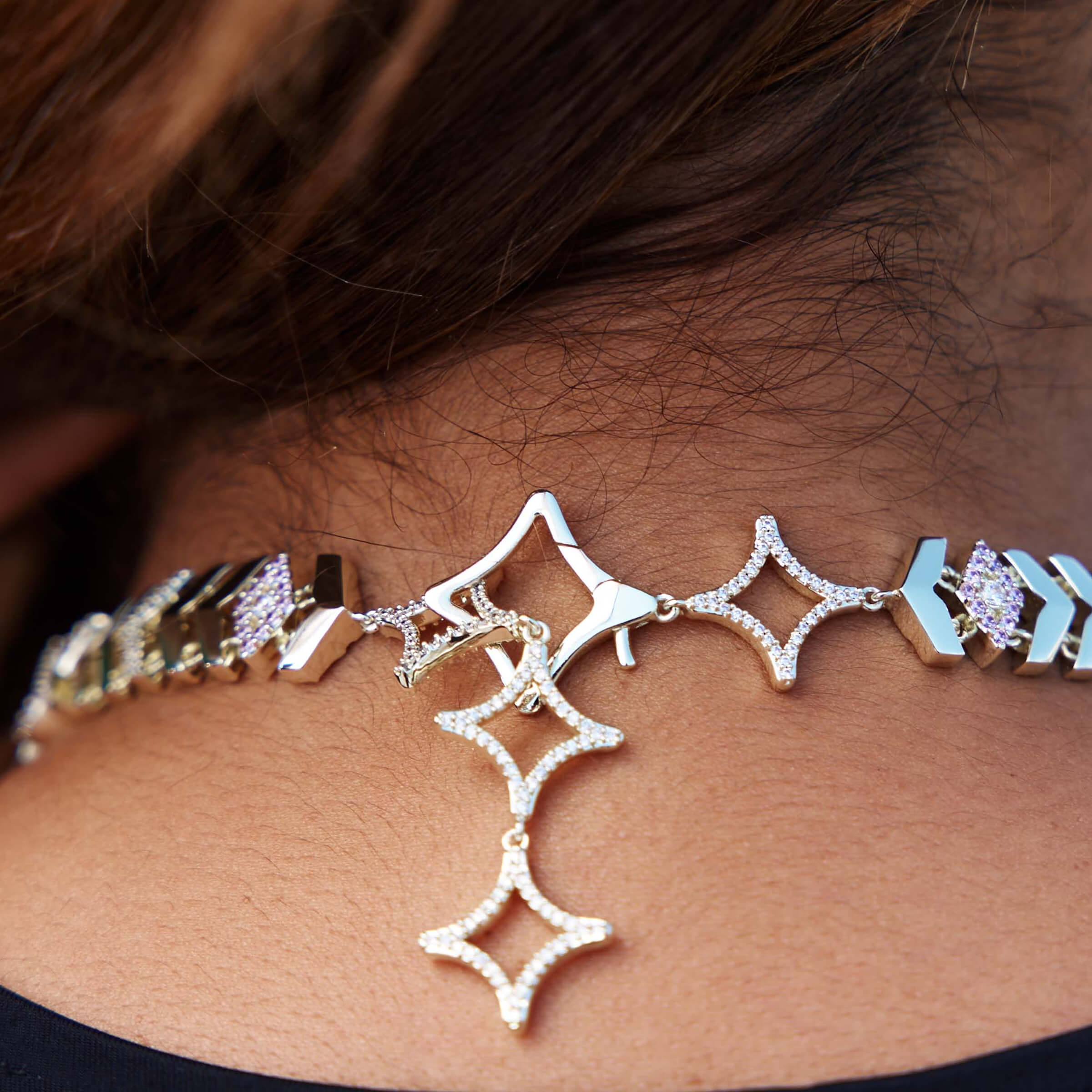 LTD Iced Herringbone Adjustable Necklace Choker in Yellow Gold - 12mm