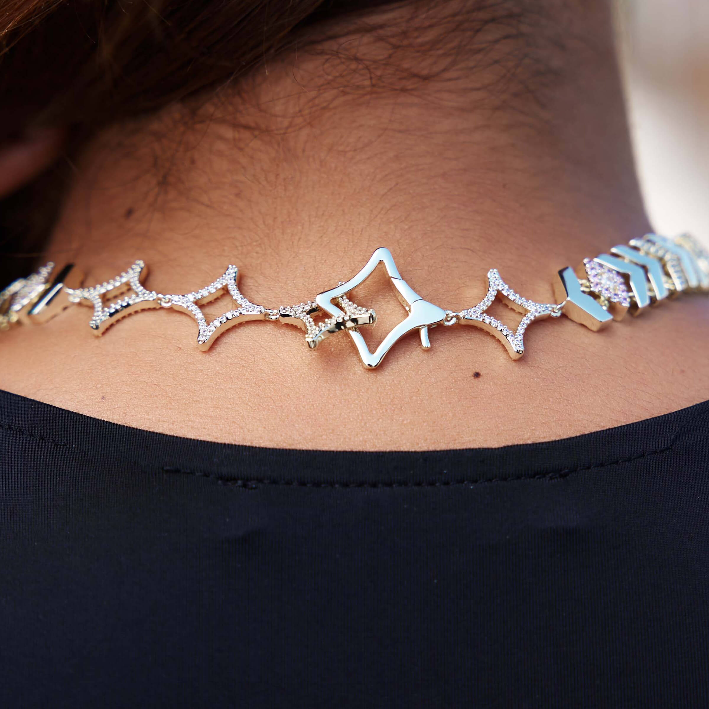 LTD Iced Herringbone Adjustable Necklace Choker in Yellow Gold - 12mm