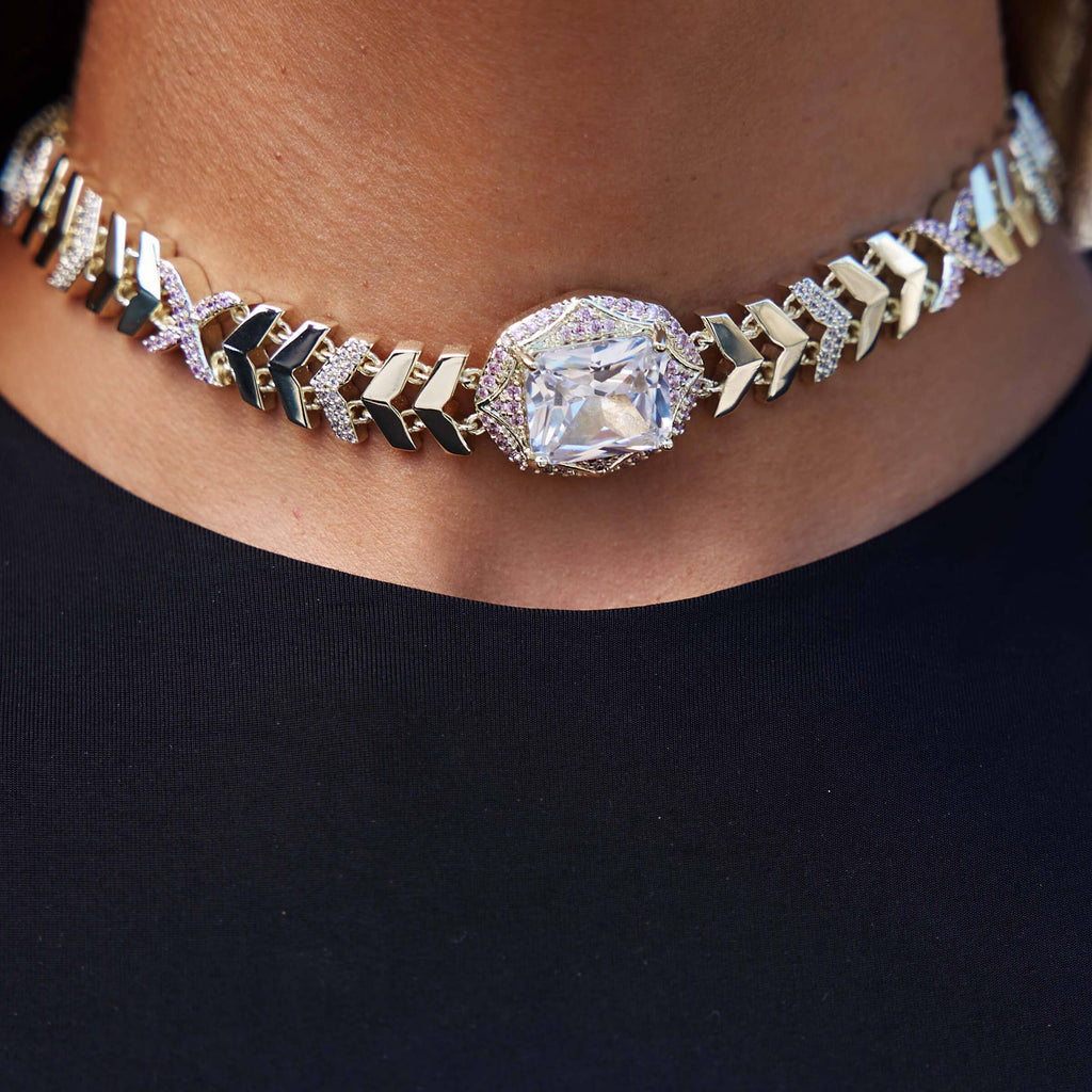 LTD Iced Herringbone Adjustable Necklace Choker in Yellow Gold - 12mm